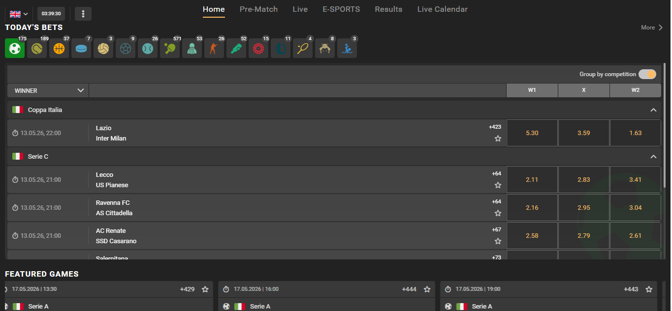 Home sportsbook dashboard