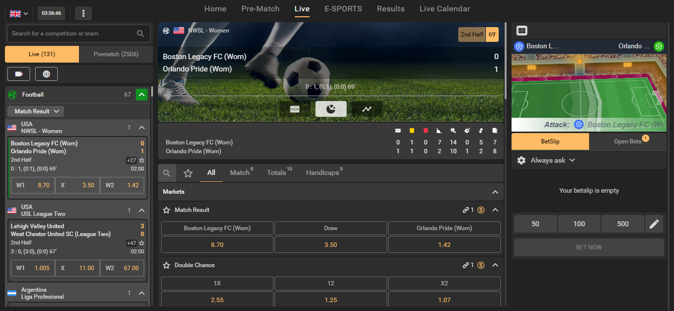 Live betting screen